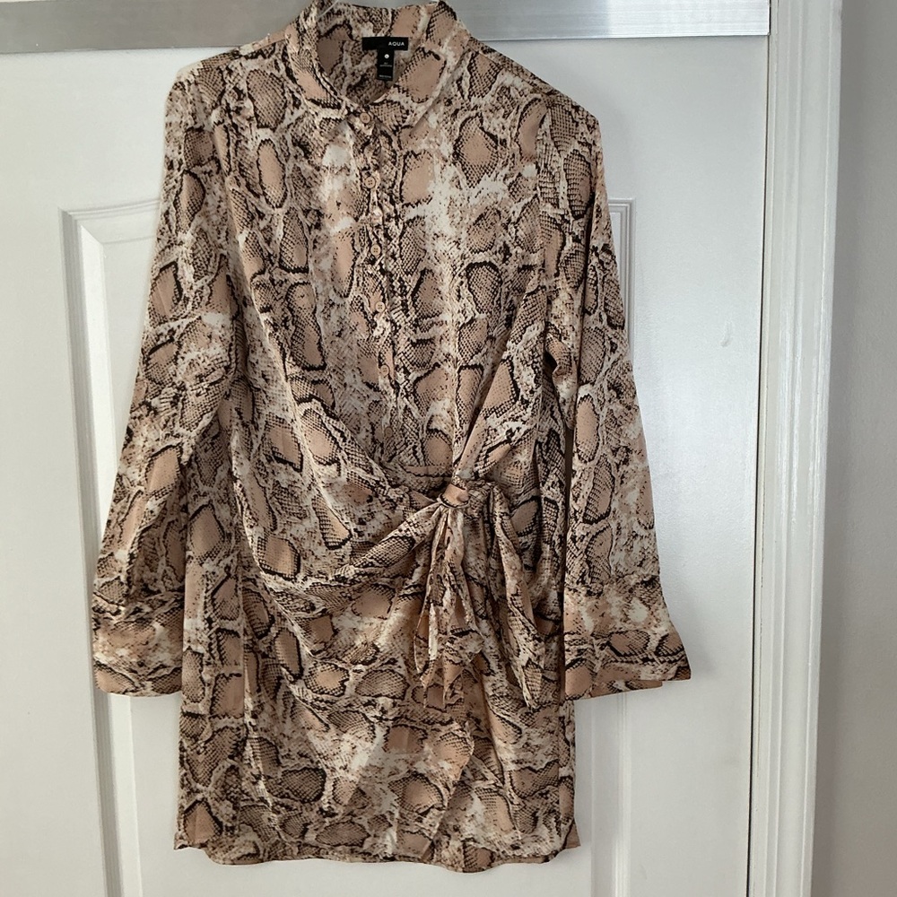 Aqua Beige Snakeskin Print Long Sleeve Dress